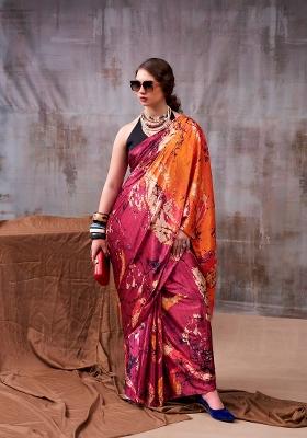 Maroon Printed Silk Blend Saree Set