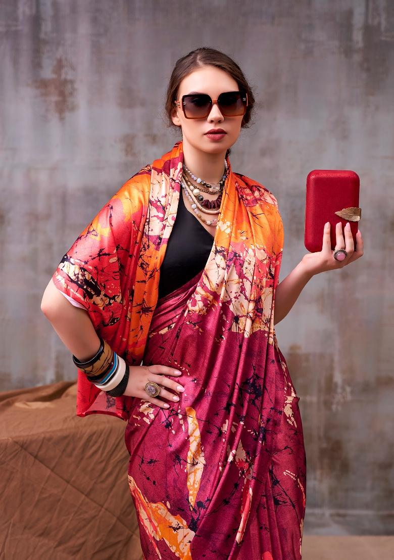 Maroon Printed Silk Blend Saree Set - Indya