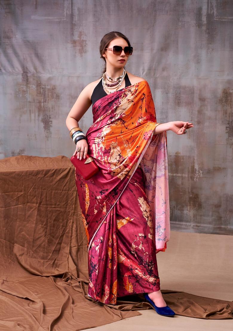 Maroon Printed Silk Blend Saree Set - Indya