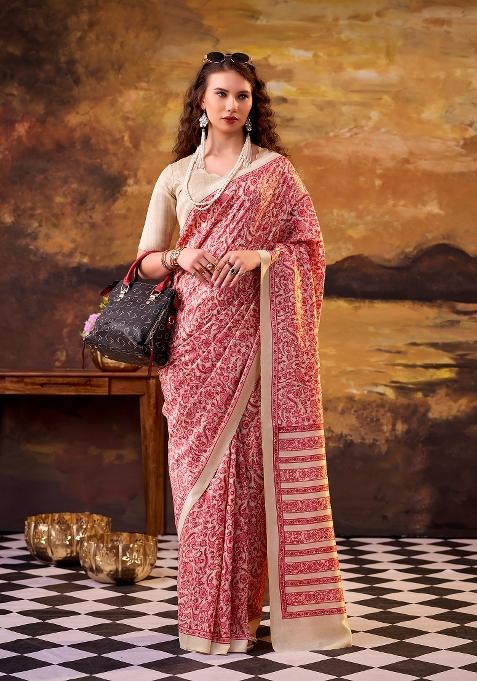 Salmon Printed Silk Saree Set