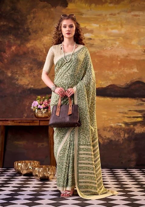 Green Printed Silk Blend Saree Set