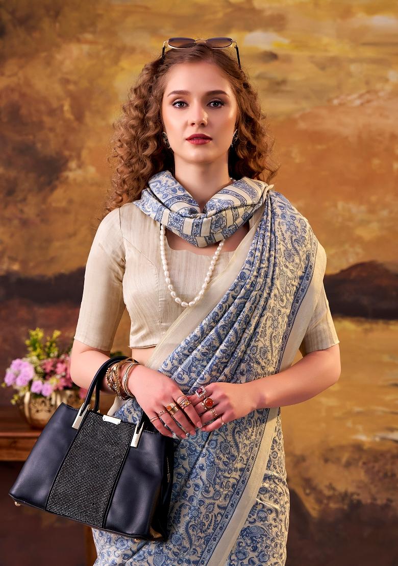 Blue Printed Silk Blend Saree Set - Indya