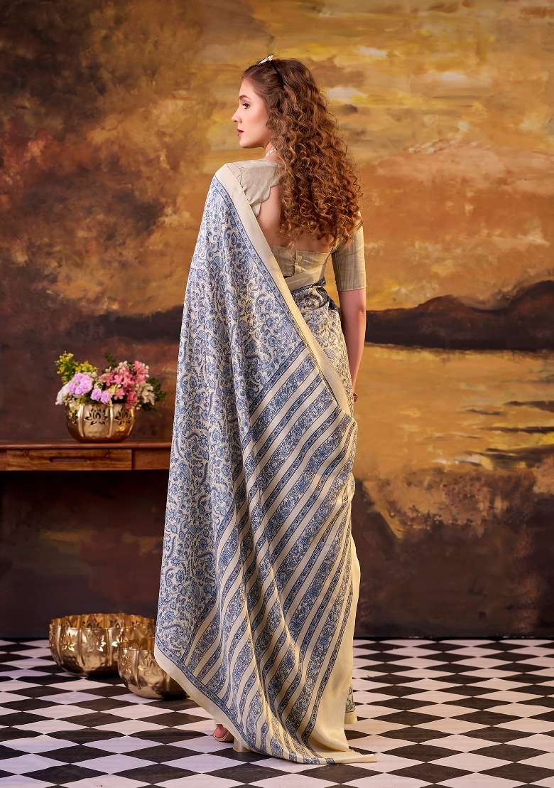 Blue Silk Blend Saree Set with Printed for Diwali | Wedding & Festive Wear - Indya