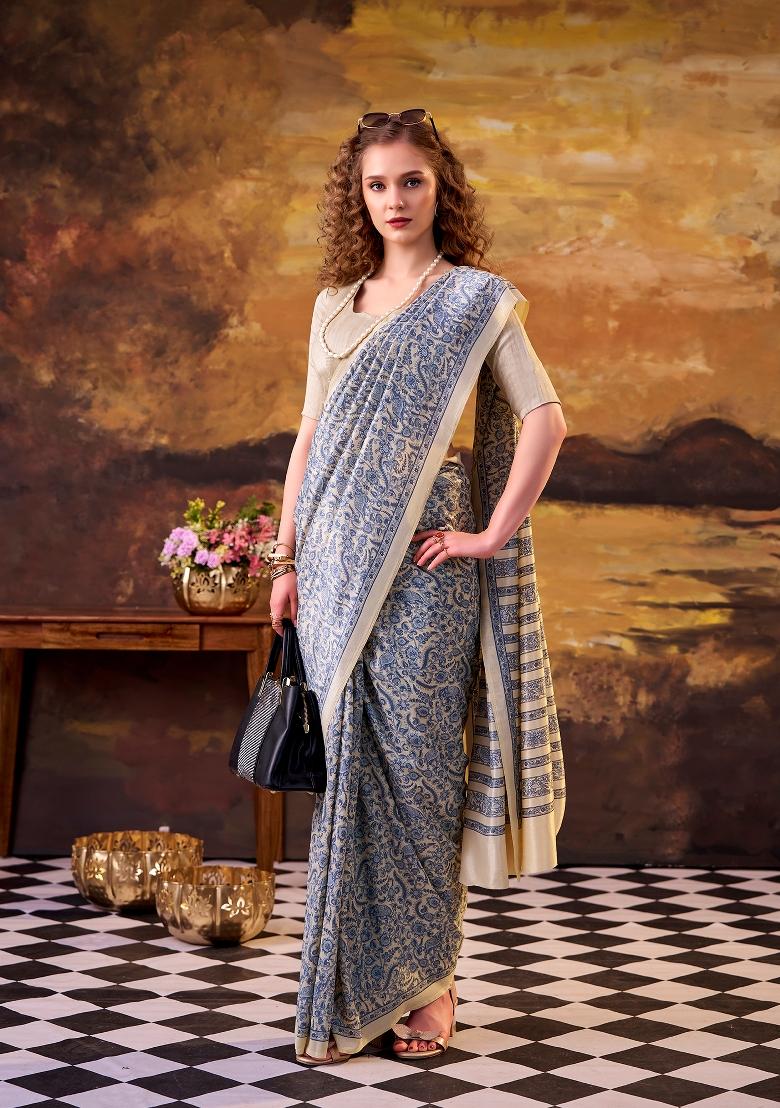 Blue Printed Silk Blend Saree Set - Indya