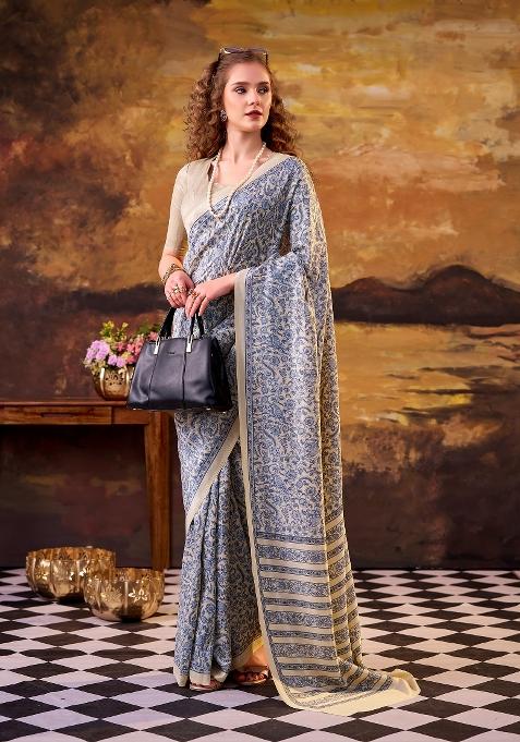 Blue Printed Silk Blend Saree Set