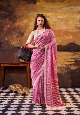 Pink Printed Silk Blend Saree Set