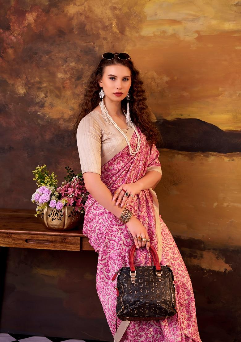 Pink Printed Silk Blend Saree Set - Indya