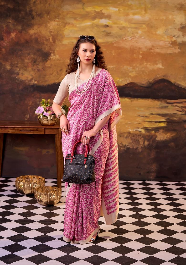 Pink Printed Silk Blend Saree Set - Indya