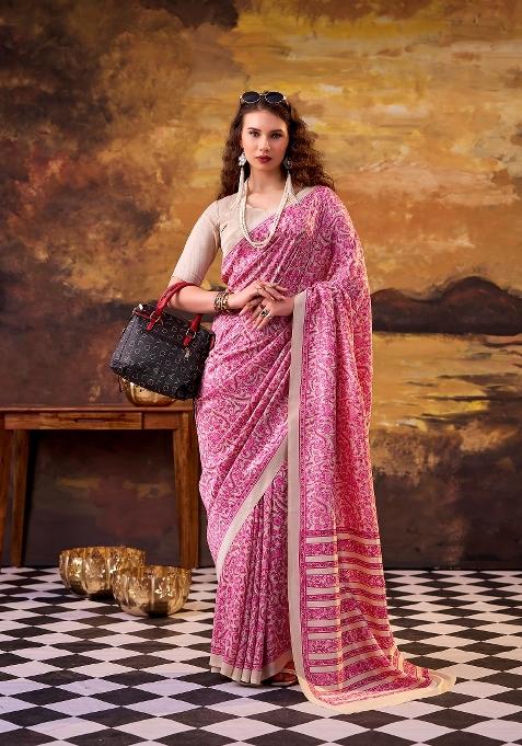 Pink Printed Silk Blend Saree Set