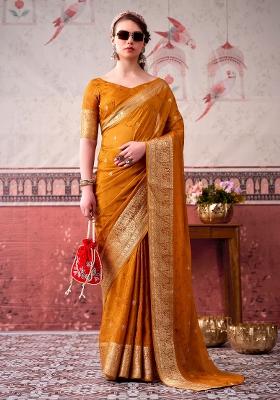 Mustard Printed Chinon Saree Set