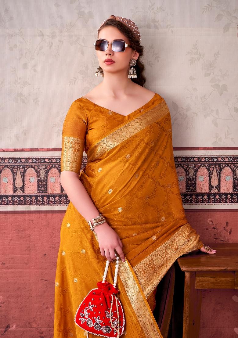 Mustard Printed Chinon Saree Set - Indya
