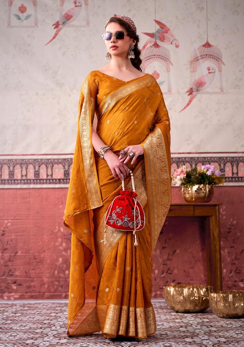 Mustard Printed Chinon Saree Set - Indya