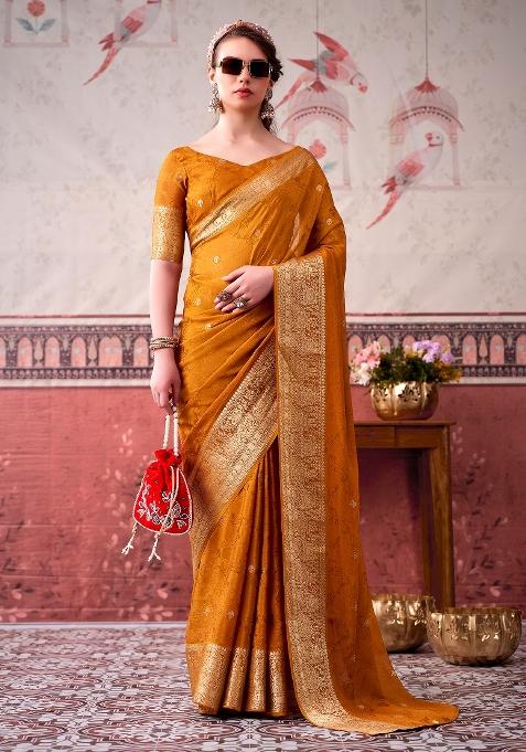 Mustard Printed Chinon Saree Set