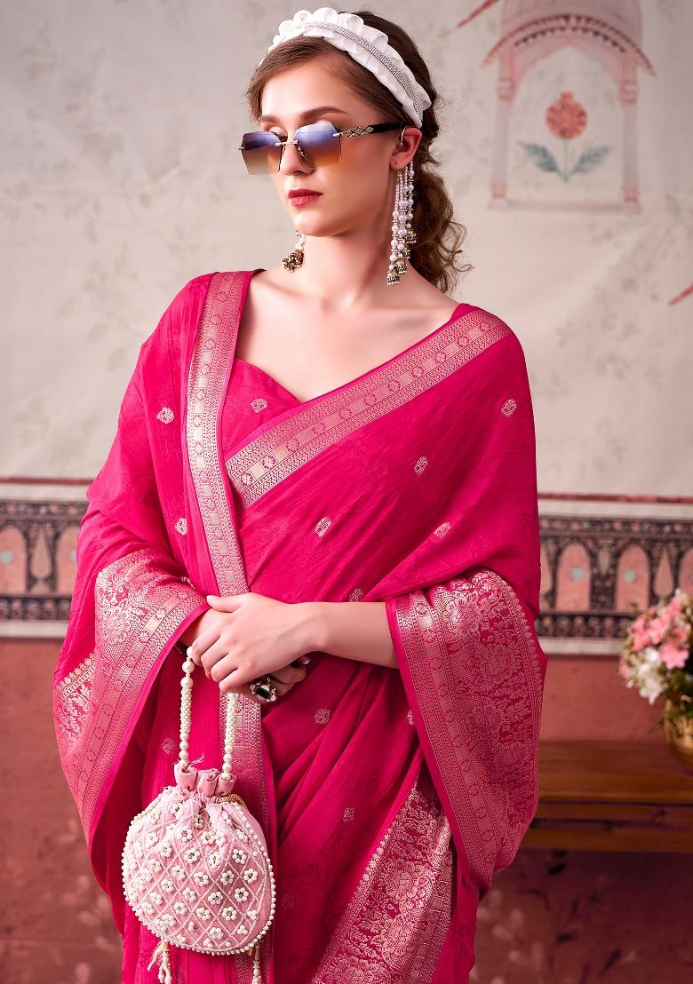 Pink Printed Chinon Saree Set - Indya