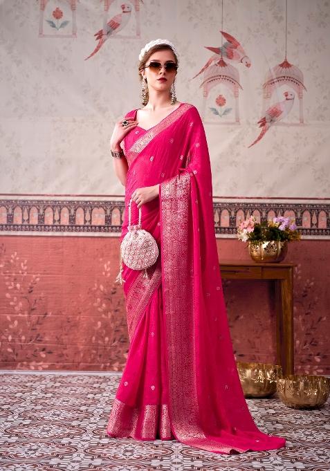 Pink Printed Chinon Saree Set