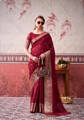 Maroon Printed Chinon Saree Set