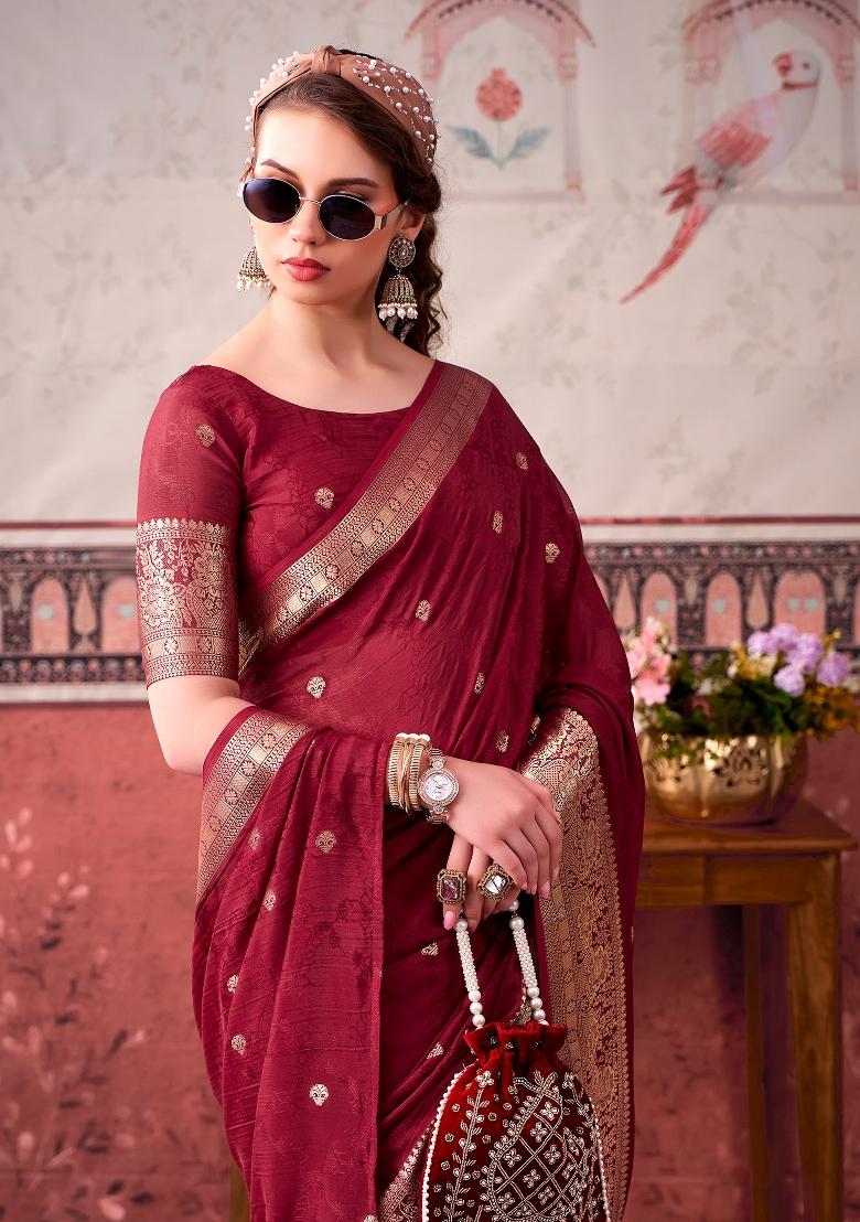 Maroon Printed Chinon Saree Set - Indya