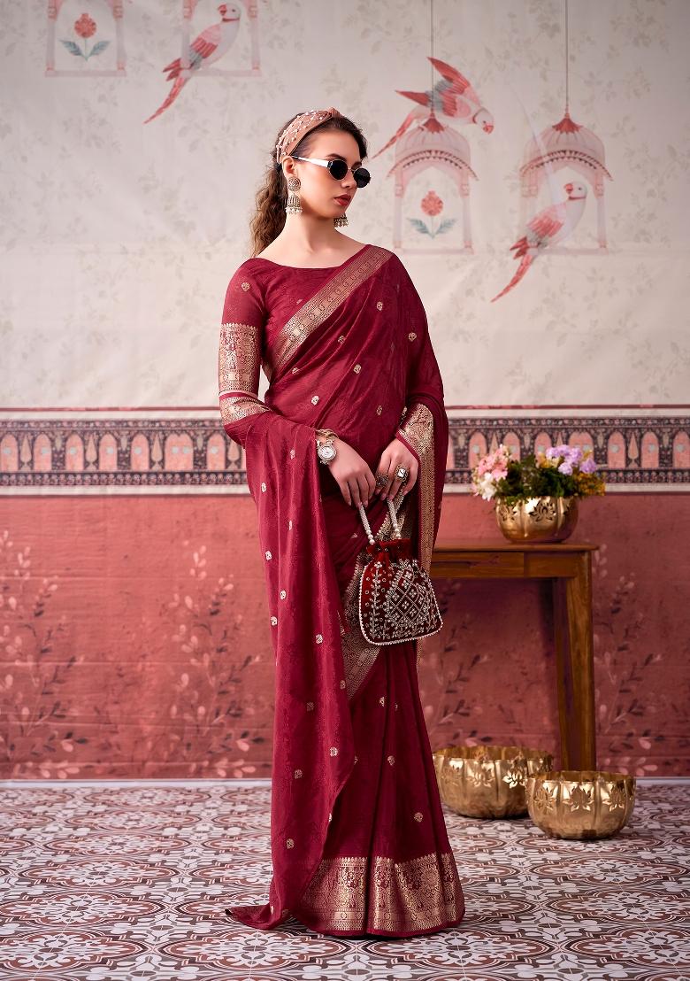 Maroon Printed Chinon Saree Set - Indya