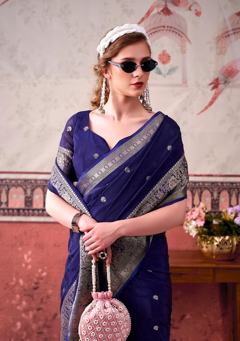 Navy Blue Printed Chinon Saree Set - Indya