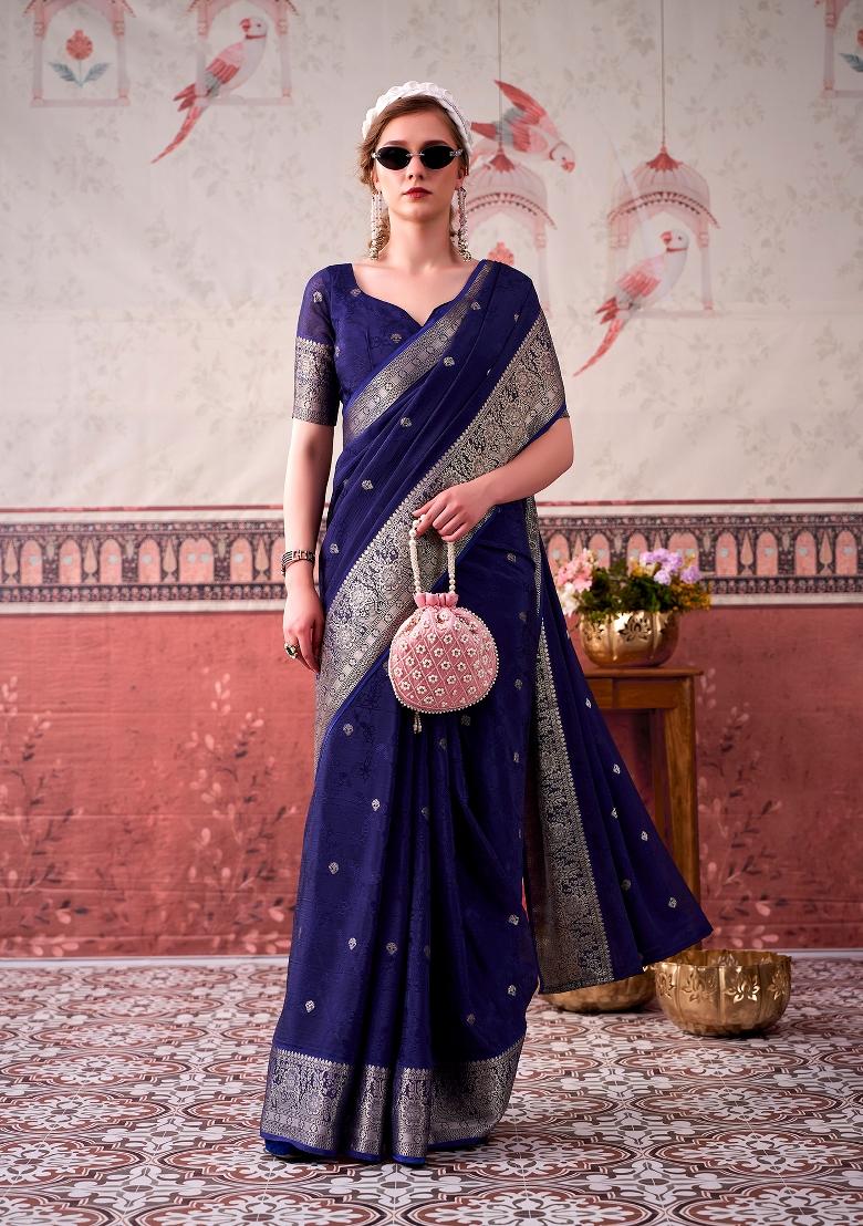 Navy Blue Printed Chinon Saree Set - Indya