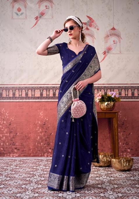 Navy Blue Printed Chinon Saree Set