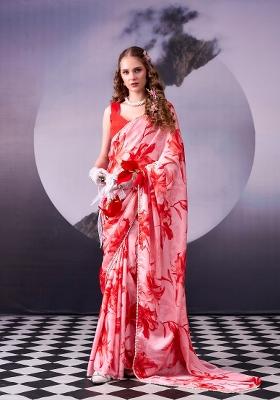 Red Floral Print Silk Blend Saree Set
