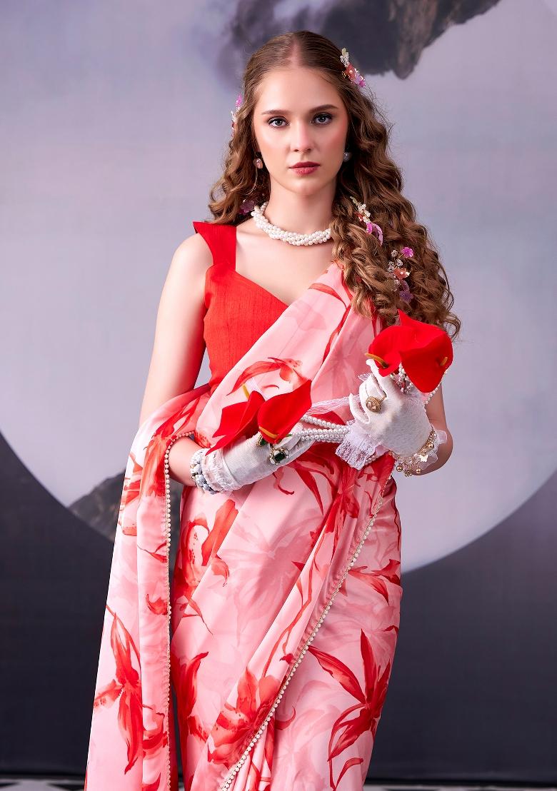 Red Floral Print Silk Blend Saree Set - Indya
