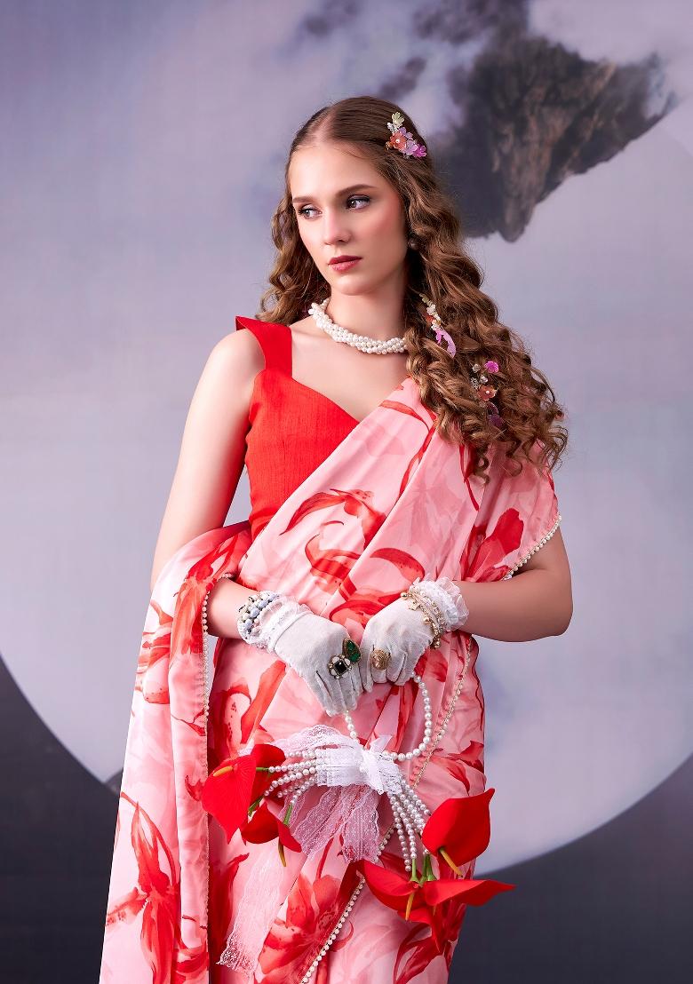 Red Floral Print Silk Blend Saree Set - Indya
