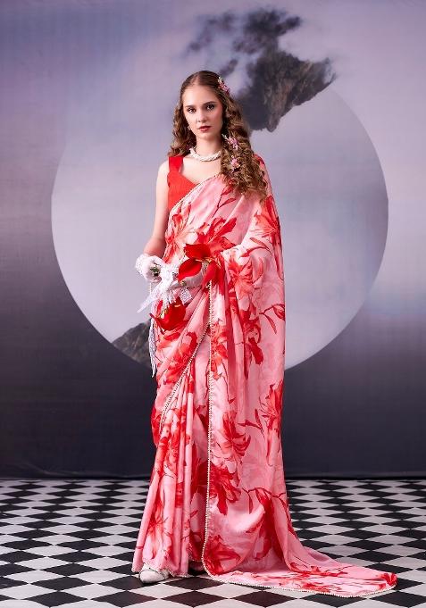 Red Floral Print Silk Saree Set