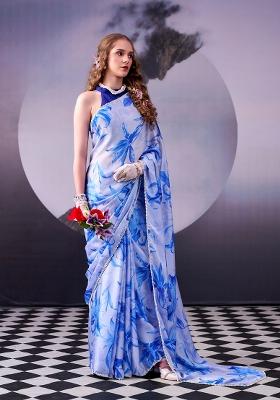 Sky Blue Floral Print Silk Blend Saree Set