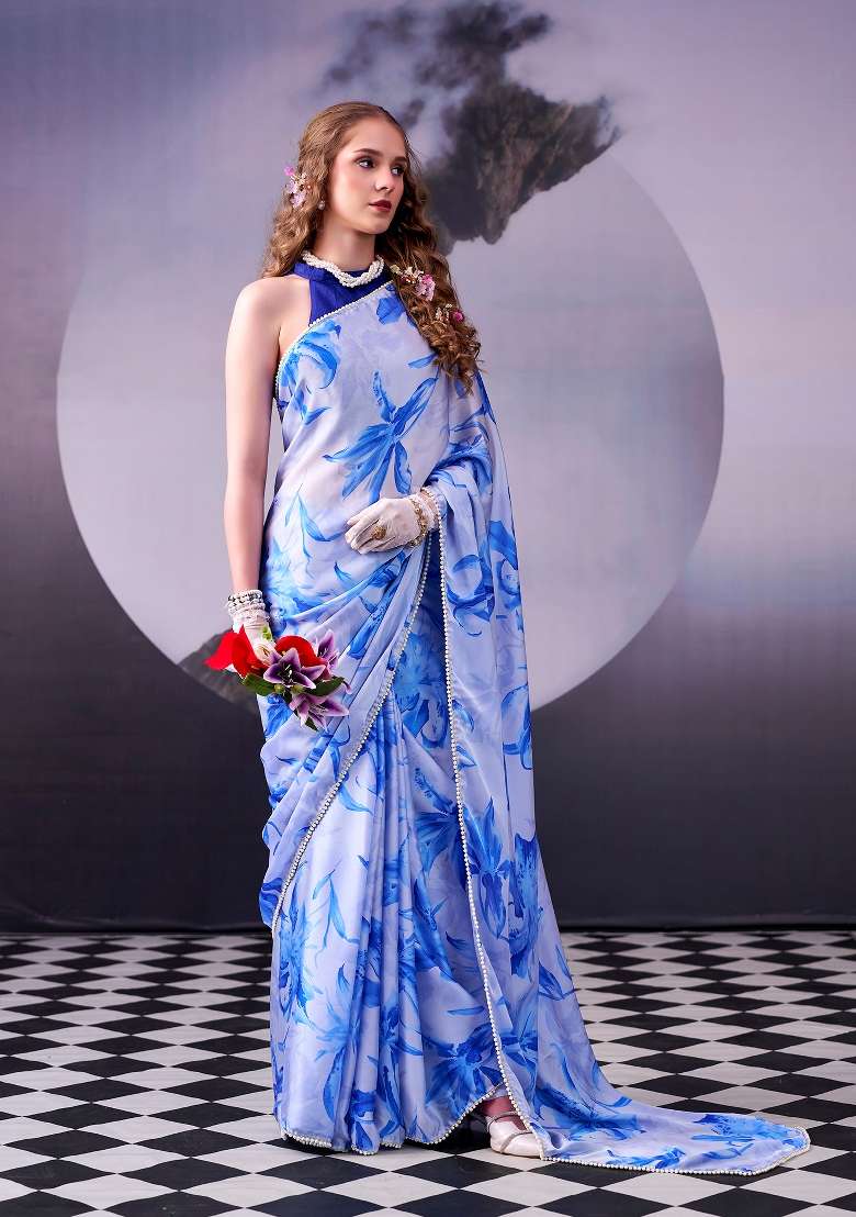 Sky Blue Silk Blend Saree Set with Floral Print for Diwali | Wedding & Festive Wear - Indya