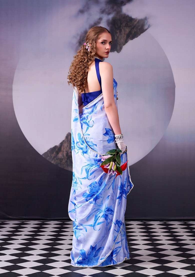 Sky Blue Silk Blend Saree Set with Floral Print for Diwali | Wedding & Festive Wear - Indya