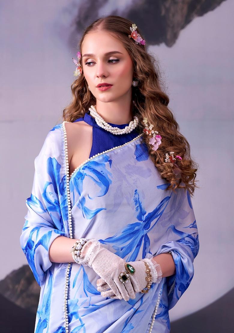 Sky Blue Floral Print Silk Blend Saree Set - Indya