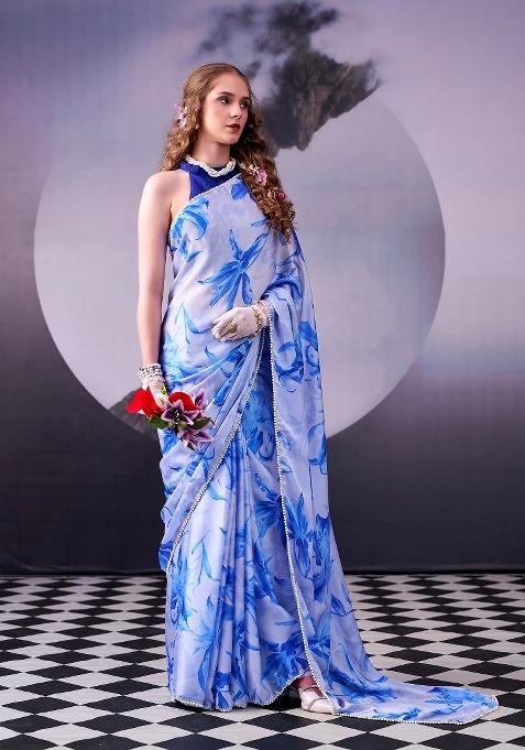 Sky Blue Floral Print Silk Saree Set