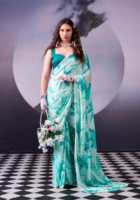 Firozi Floral Print Silk Blend Saree Set