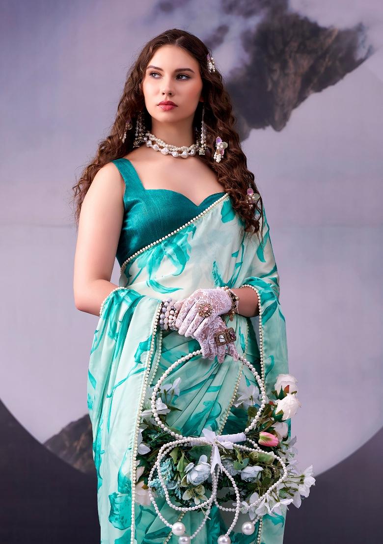 Firozi Floral Print Silk Blend Saree Set - Indya