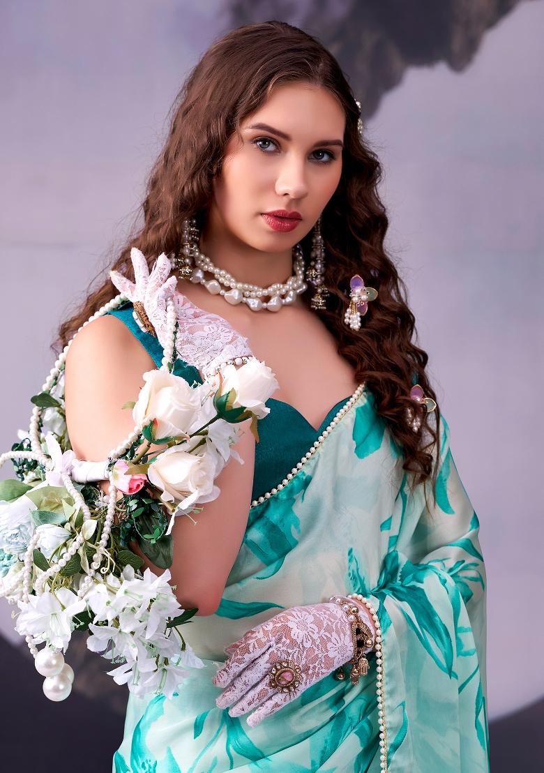 Firozi Floral Print Silk Blend Saree Set - Indya