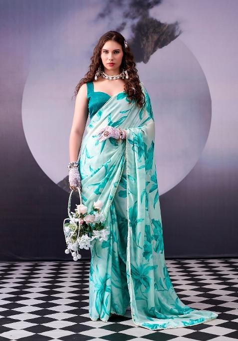 Firozi Floral Print Silk Blend Saree Set