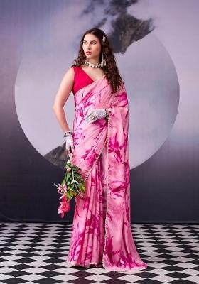 Pink Floral Print Silk Blend Saree Set
