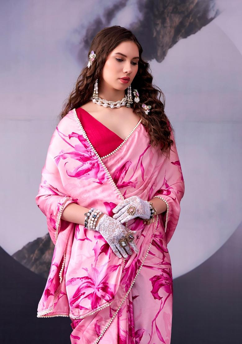 Pink Floral Print Silk Blend Saree Set - Indya