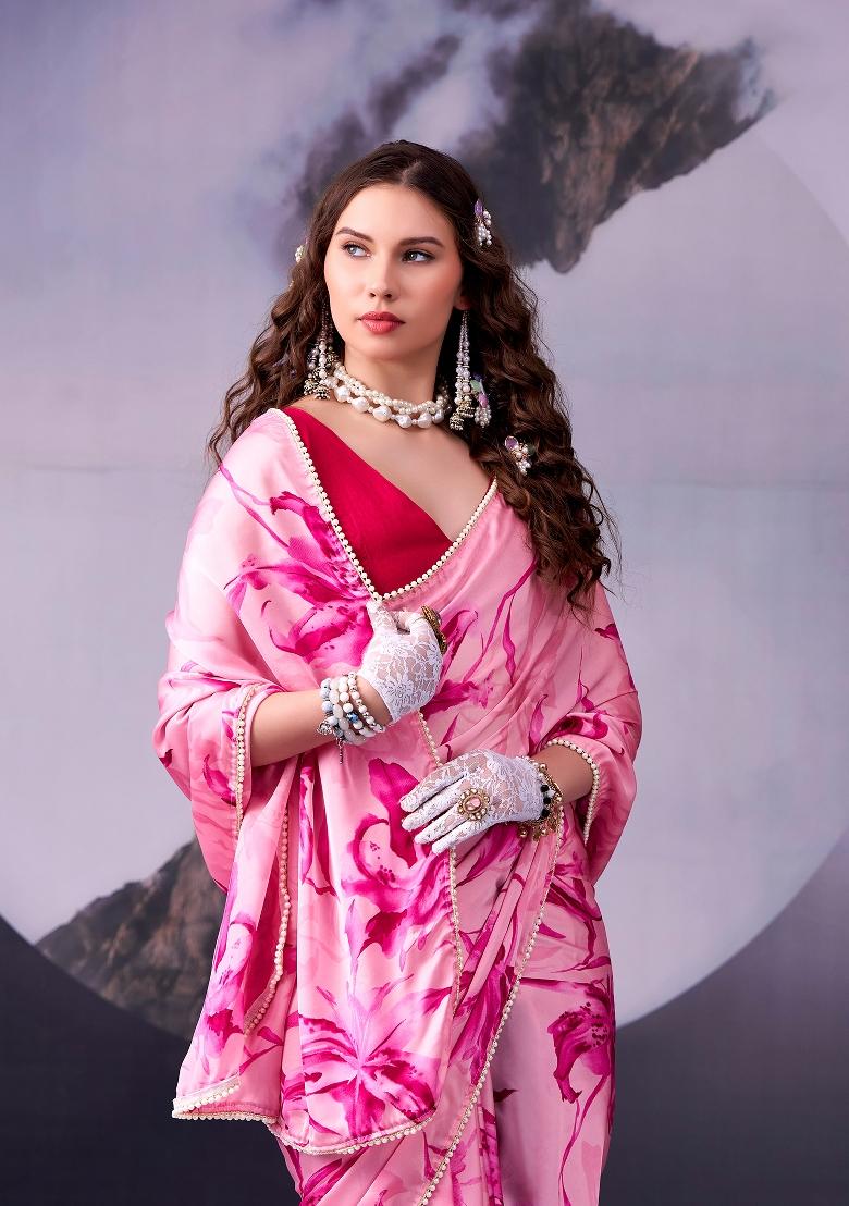 Pink Floral Print Silk Blend Saree Set - Indya