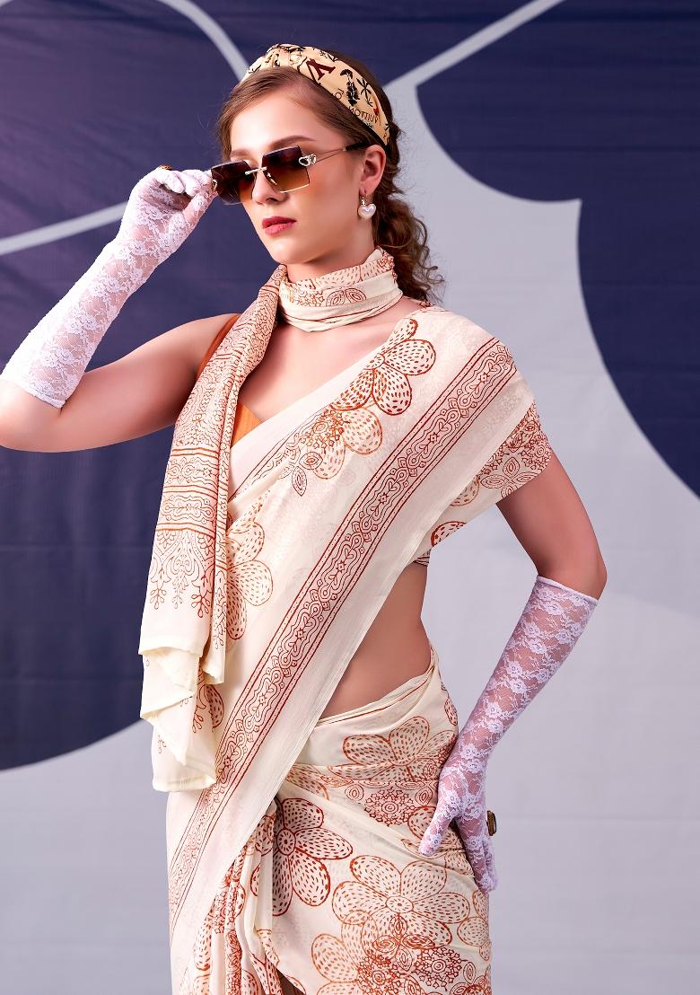 Peach Floral Print Silk Blend Saree Set - Indya