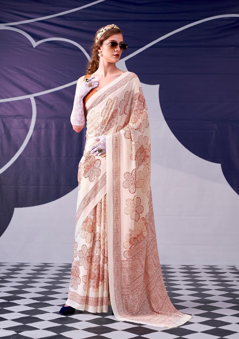 Peach Floral Print Silk Blend Saree Set - Indya