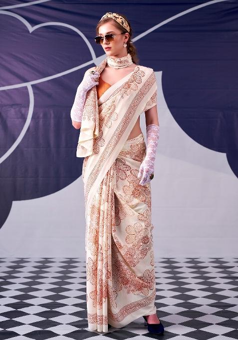 Peach Floral Print Silk Saree Set