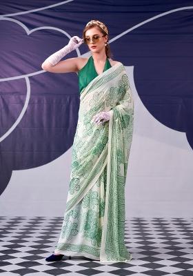Pista Floral Print Silk Blend Saree Set