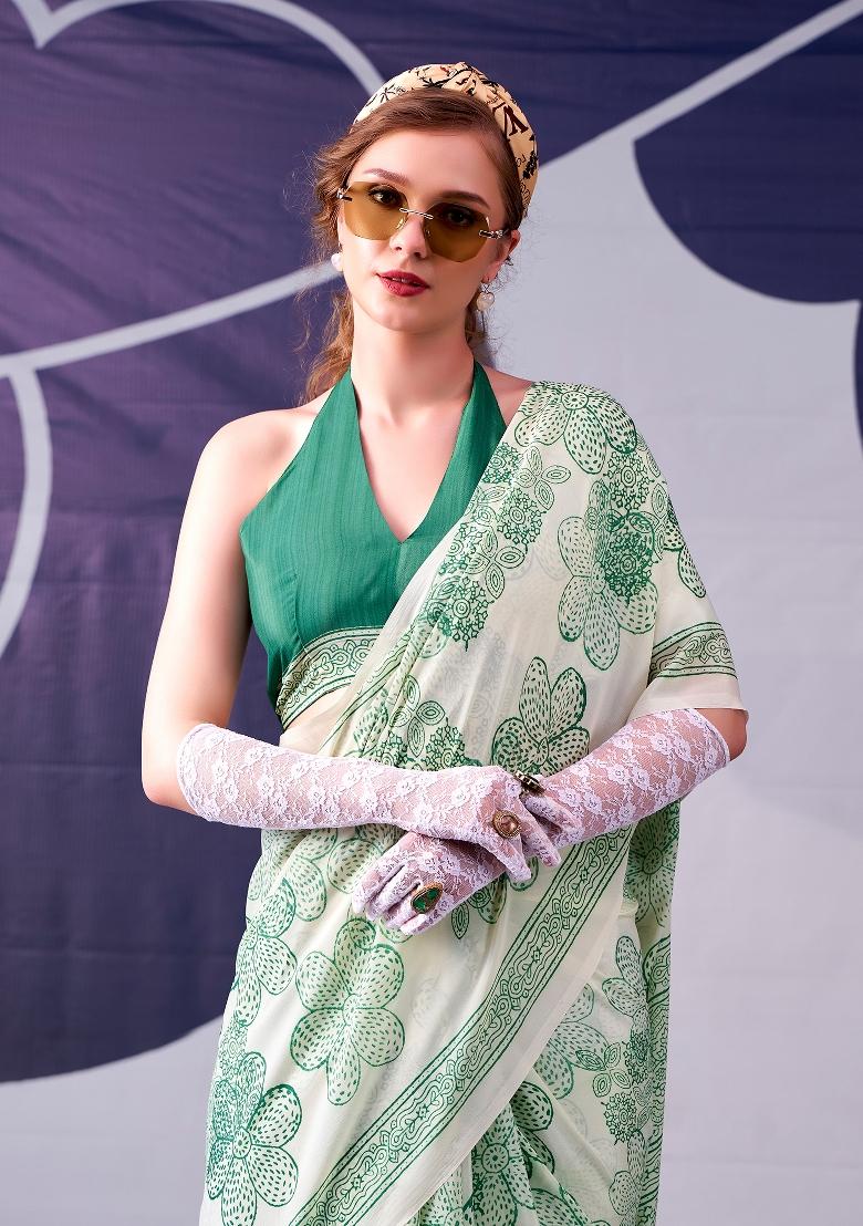 Pista Floral Print Silk Blend Saree Set - Indya