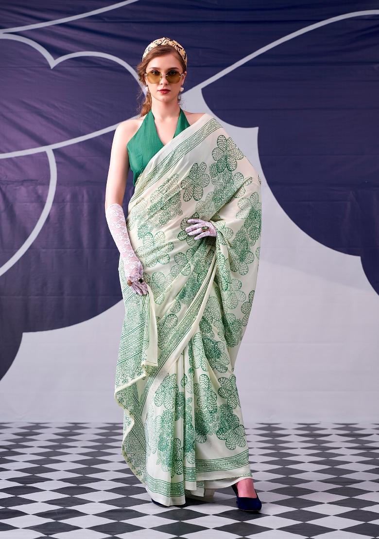 Pista Floral Print Silk Blend Saree Set - Indya