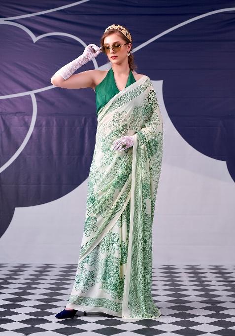 Pista Floral Print Silk Blend Saree Set
