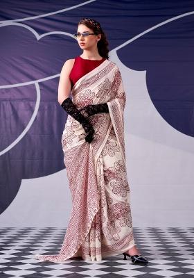 Maroon Floral Print Silk Blend Saree Set