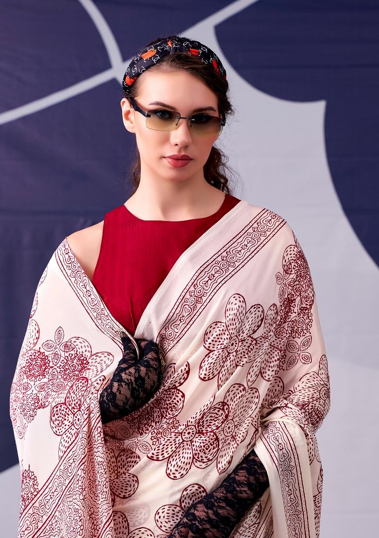 Maroon Floral Print Silk Blend Saree Set - Indya